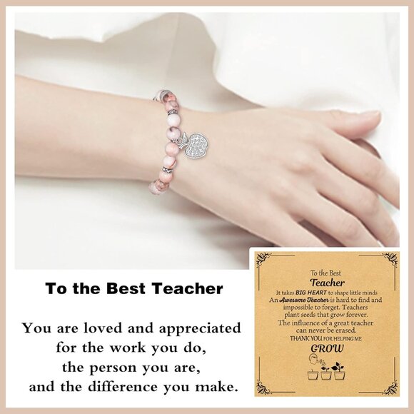 Stainless Steel & Agate Teacher's Appreciation Bracelet - 8 mm Beads, 7'' Length - Picture 3 of 6